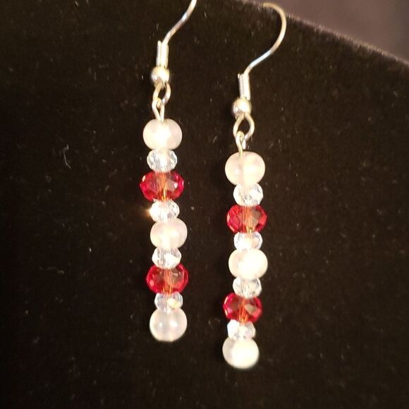 Beautiful Hand-Crafted Red and White Drop Earrings - Picture 2 of 3
